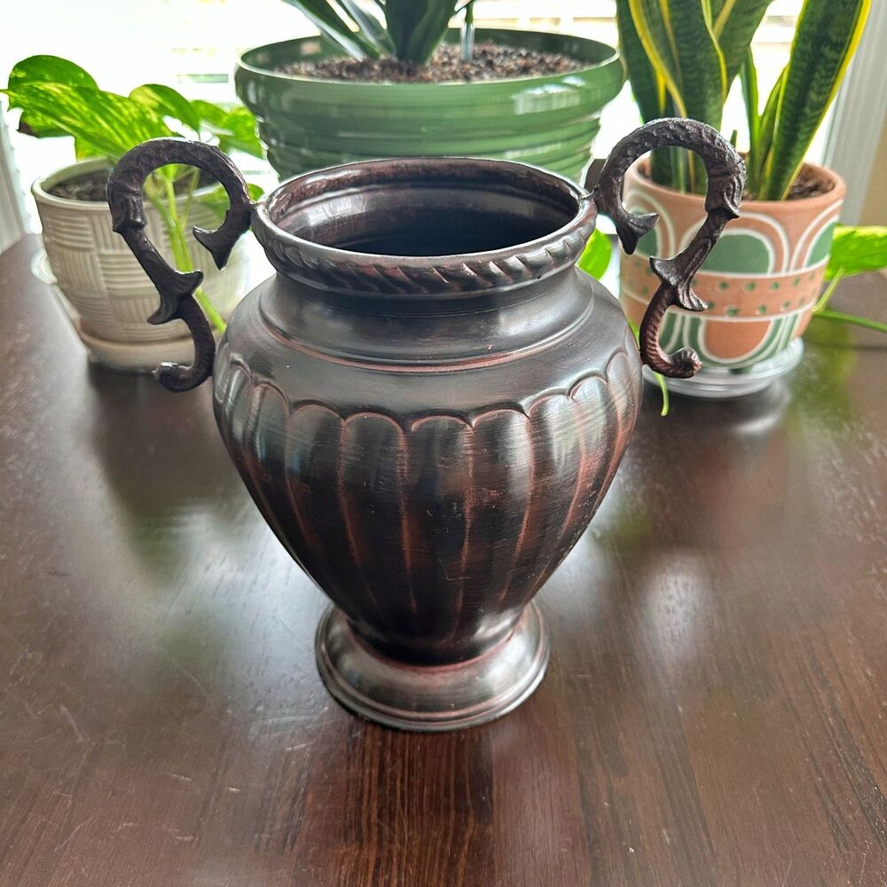 Vintage Style Metallic Urn / Vase Gadrooned Body w/ Flared Rim & Handles
